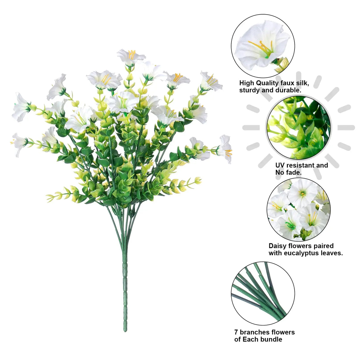 A bouquet of white daisy flowers on a stem with details about the silk quality and leaves.