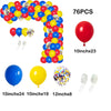 A kit for a rainbow carnival balloon garland arch featuring various colored balloons and star foil accents.