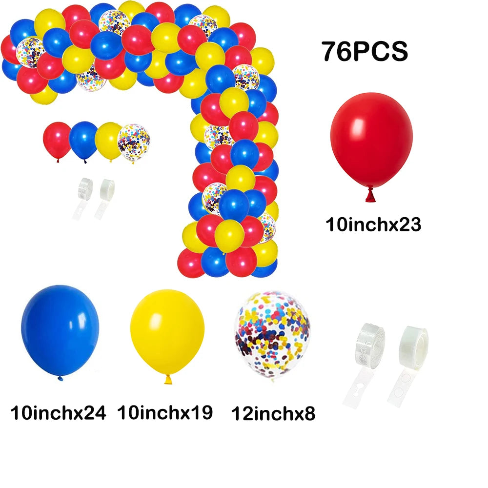 A kit for a rainbow carnival balloon garland arch featuring various colored balloons and star foil accents.