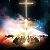 A dramatic artwork featuring a glowing cross above outstretched hands emerging from cosmic light and stars.
