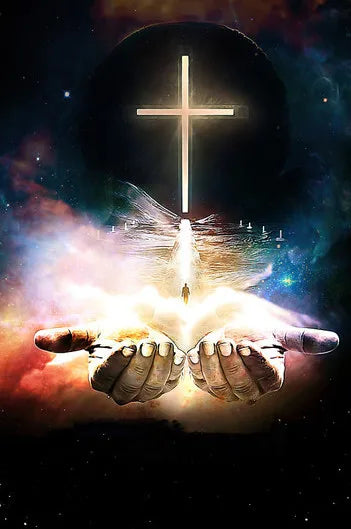 A dramatic artwork featuring a glowing cross above outstretched hands emerging from cosmic light and stars.
