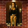 A dark-haired woman in a cloak is shown sitting on a toilet against a brick wall.