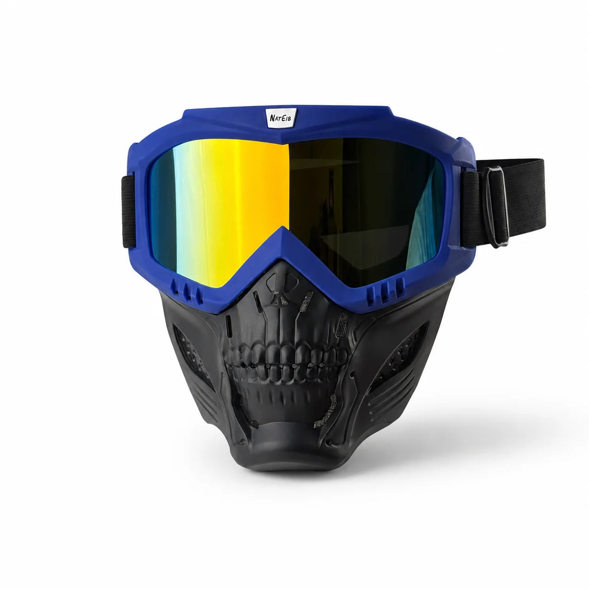 A pair of blue offroad full face skull riding goggles with a black mask and yellow-tinted lenses.