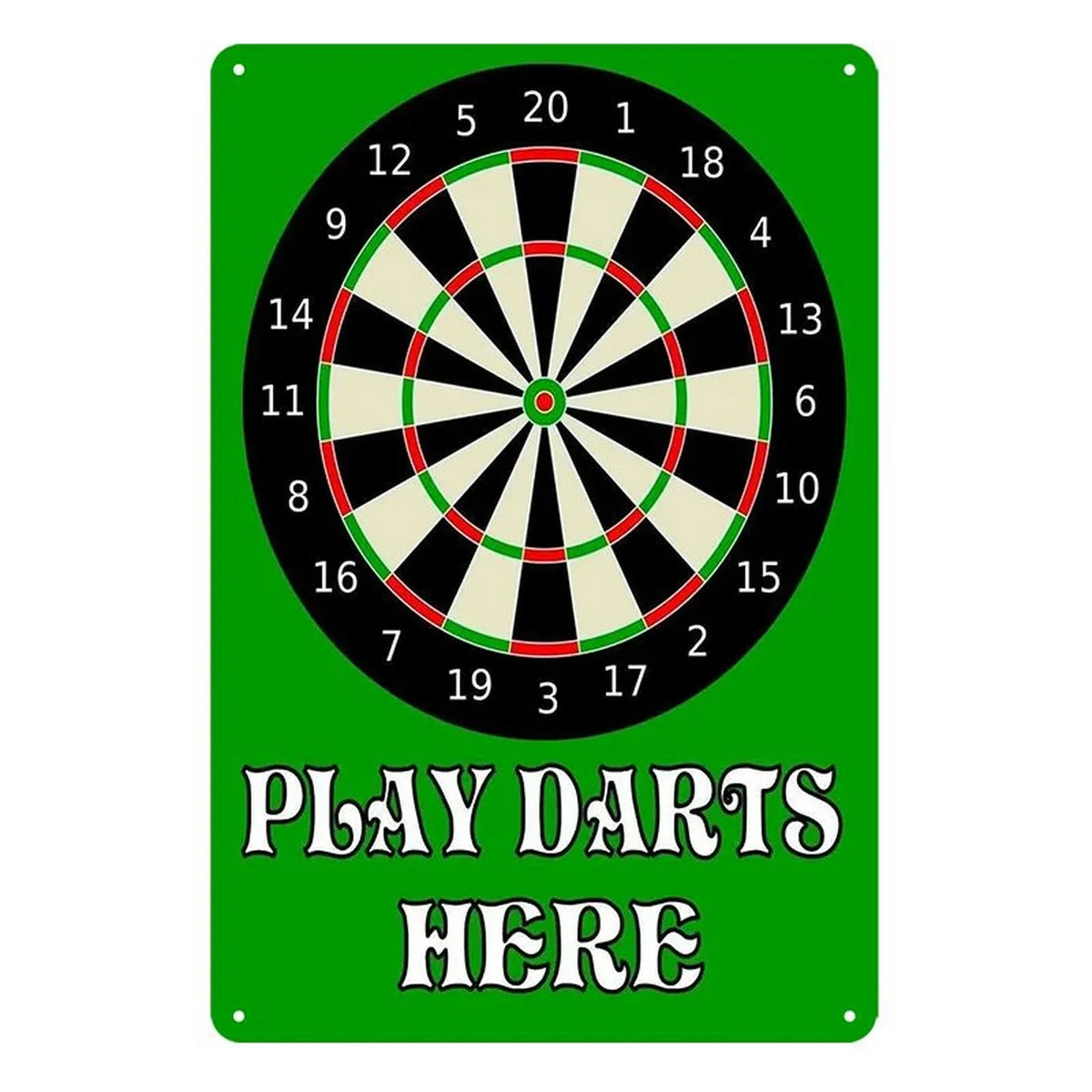 A vintage metal sign featuring a dartboard design with numbers and text that reads Play Darts Here on a green background.