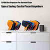 A stack of colorful baseball caps is displayed on a clear acrylic organizer rack inside a white drawer.