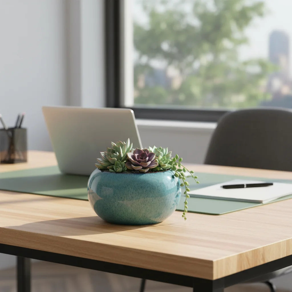 Maceta de suculenta esférica de cerámica azul vidriada sobre una mesa de madera junto a una laptop y un cuaderno.