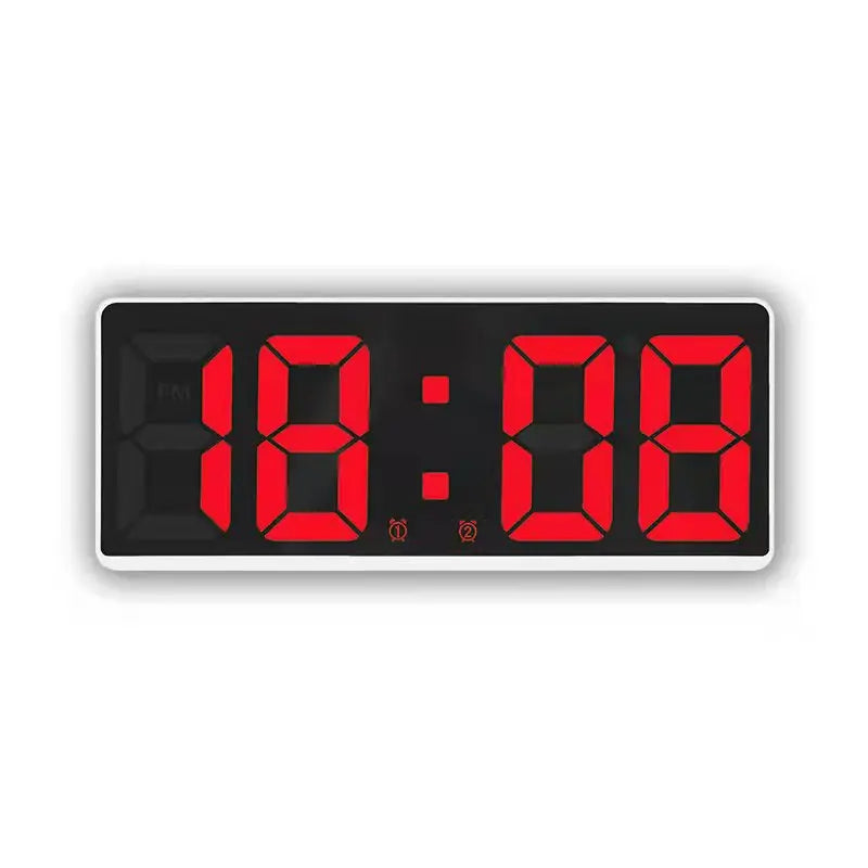 A digital alarm clock displaying 18:08 in bright red LED numbers on a black background.