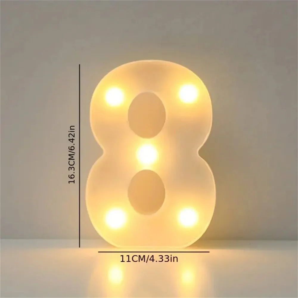 A glowing, light-up number eight sign made of soft LED lights, displayed against a plain background.