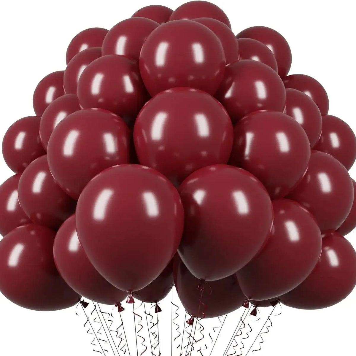 A cluster of burgundy red latex balloons tied together, ready for a wedding or celebration.