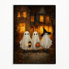 A vintage Halloween poster featuring two ghostly figures in white shrouds standing in front of a rustic house with warm light