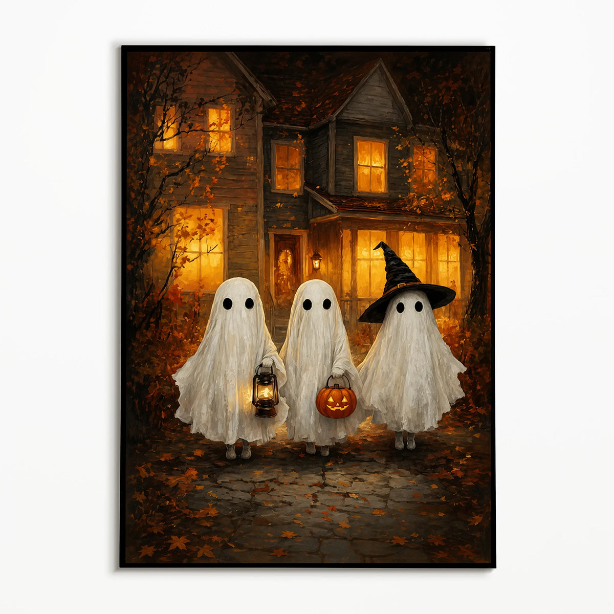 A vintage Halloween poster featuring two ghostly figures in white shrouds standing in front of a rustic house with warm light