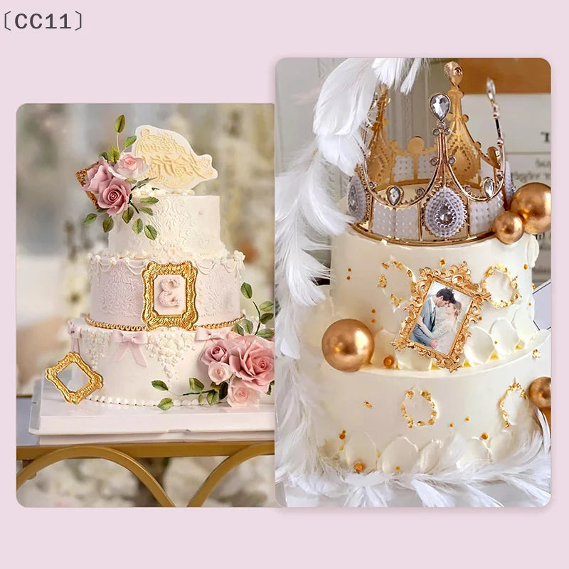 A tiered white cake decorated with pink roses and gold accents, next to a set of silicone frame molds.