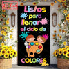 A vertical classroom door banner featuring colorful text and illustrations for a back to school or party theme.