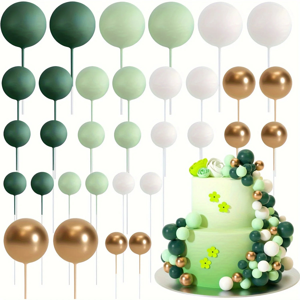 A set of 20 mini foam ball cake toppers in various shades of green and white on wooden sticks.