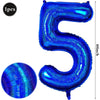 A large, shiny blue foil number balloon shaped like the numeral 5 for birthday and party decoration.