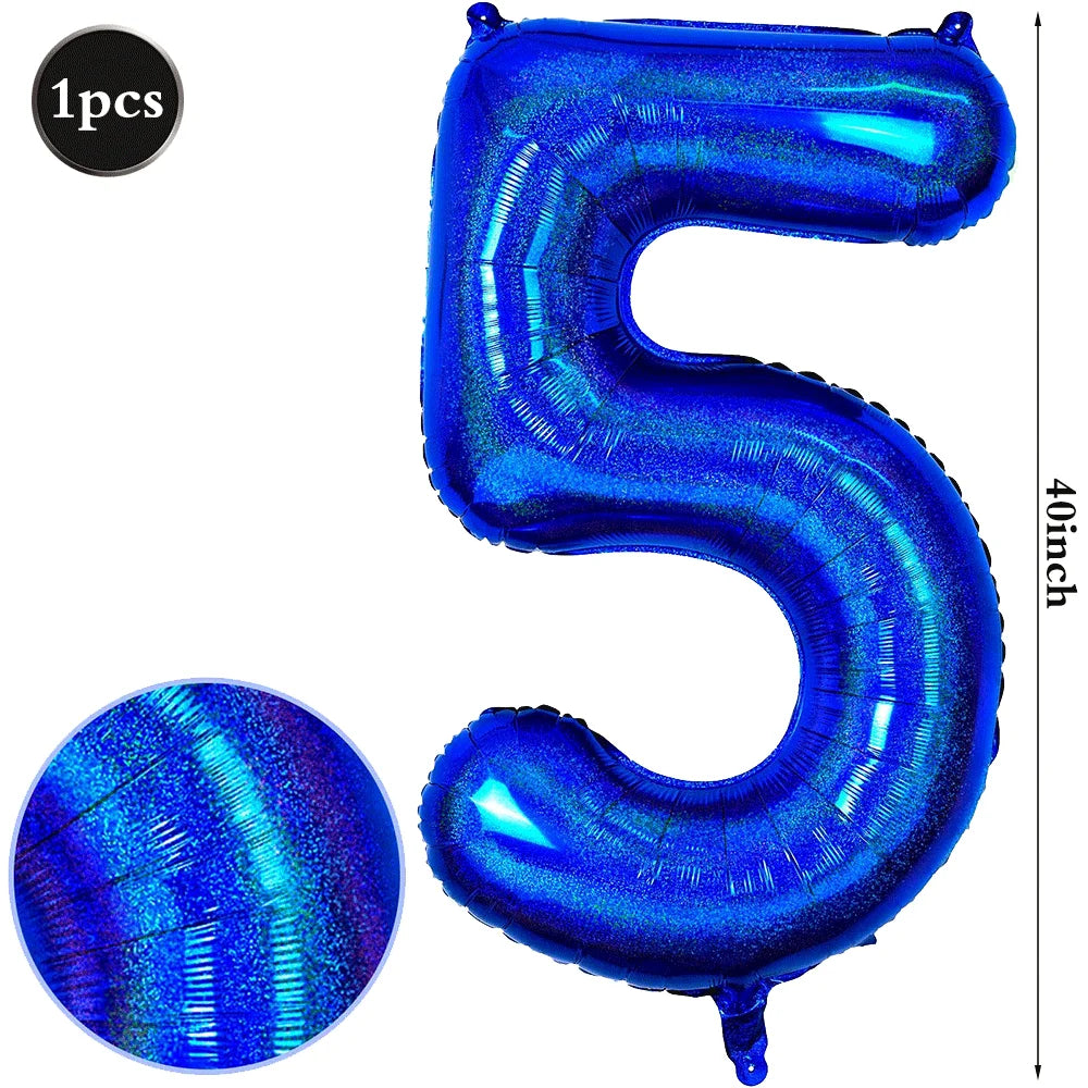 A large, shiny blue foil number balloon shaped like the numeral 5 for birthday and party decoration.