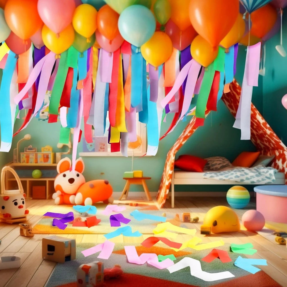 A colorful display of pastel crepe paper streamers in various bright and soft colors decorating a party setup.