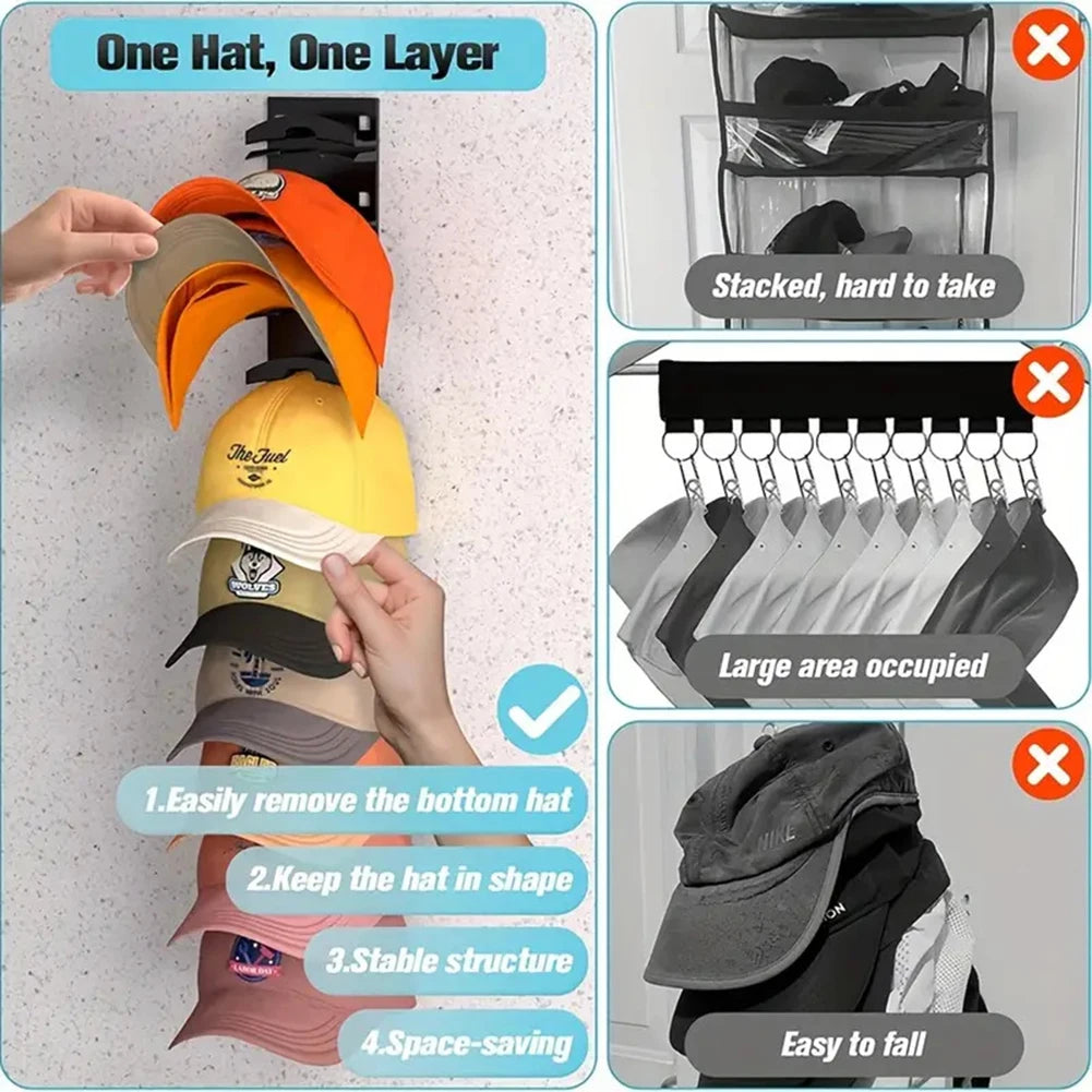 Wall mounted hat organiser rack showing how to easily remove and store hats in a single layer