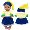 A doll outfit set featuring a blue and yellow hat, dress, and matching accessories.