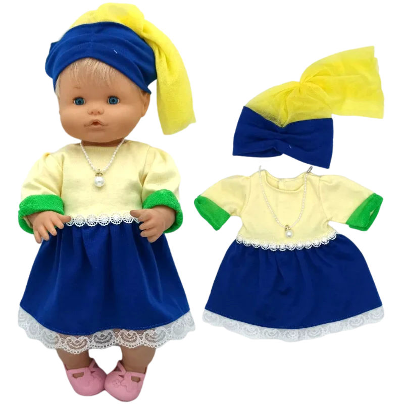 A doll outfit set featuring a blue and yellow hat, dress, and matching accessories.