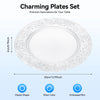 A set of clear glass charger plates with an embossed rim and classic shape for premium table decorations.