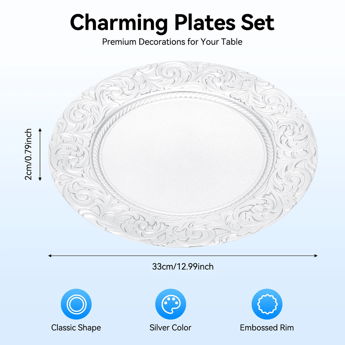 A set of clear glass charger plates with an embossed rim and classic shape for premium table decorations.