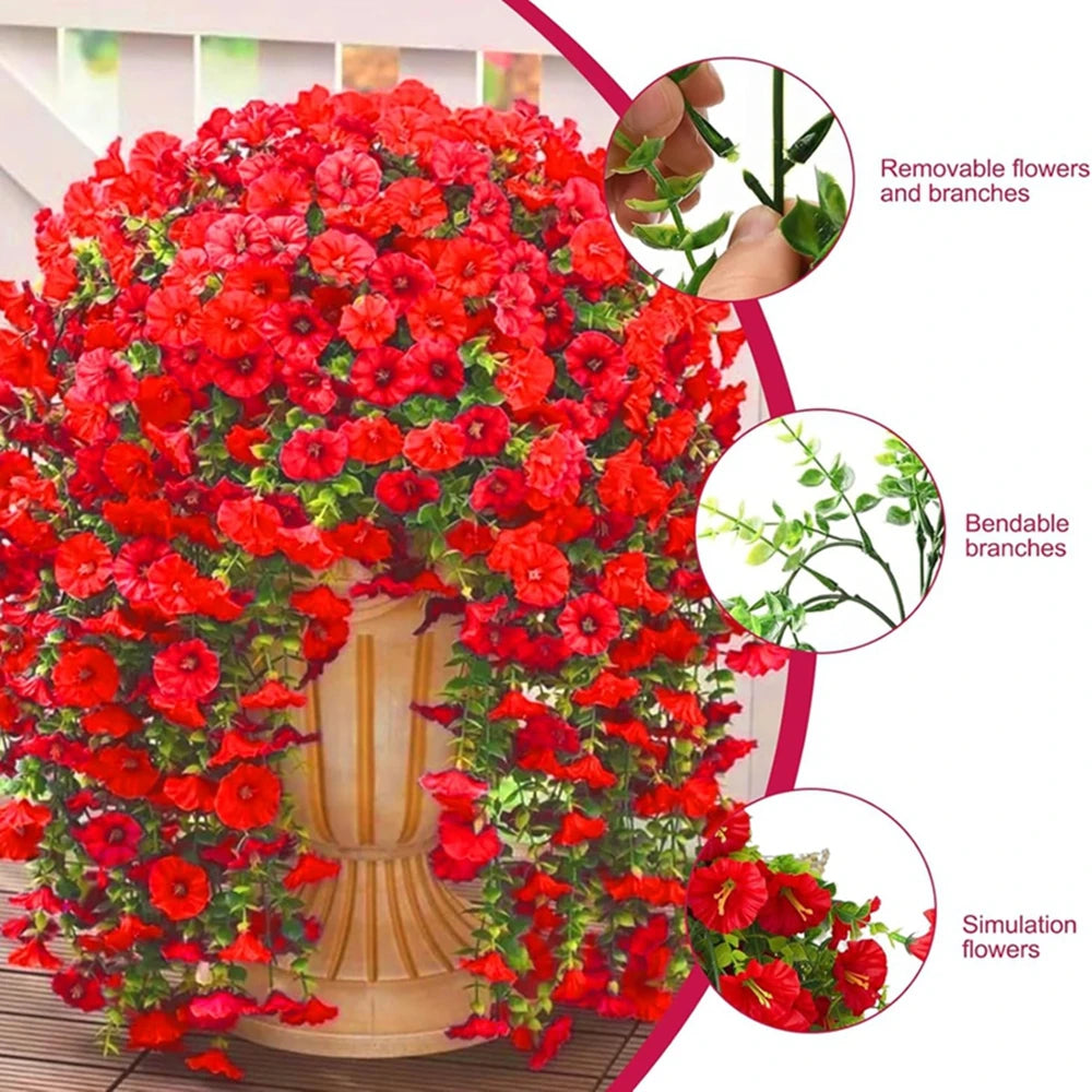 Artificial morning glory vine in bright red flowers and branches for home decor