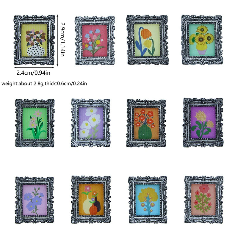 A collection of miniature framed wall art featuring floral and nature designs in various colors and styles.