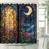 A stained glass shower curtain featuring a night sky and moon design with colorful floral elements.
