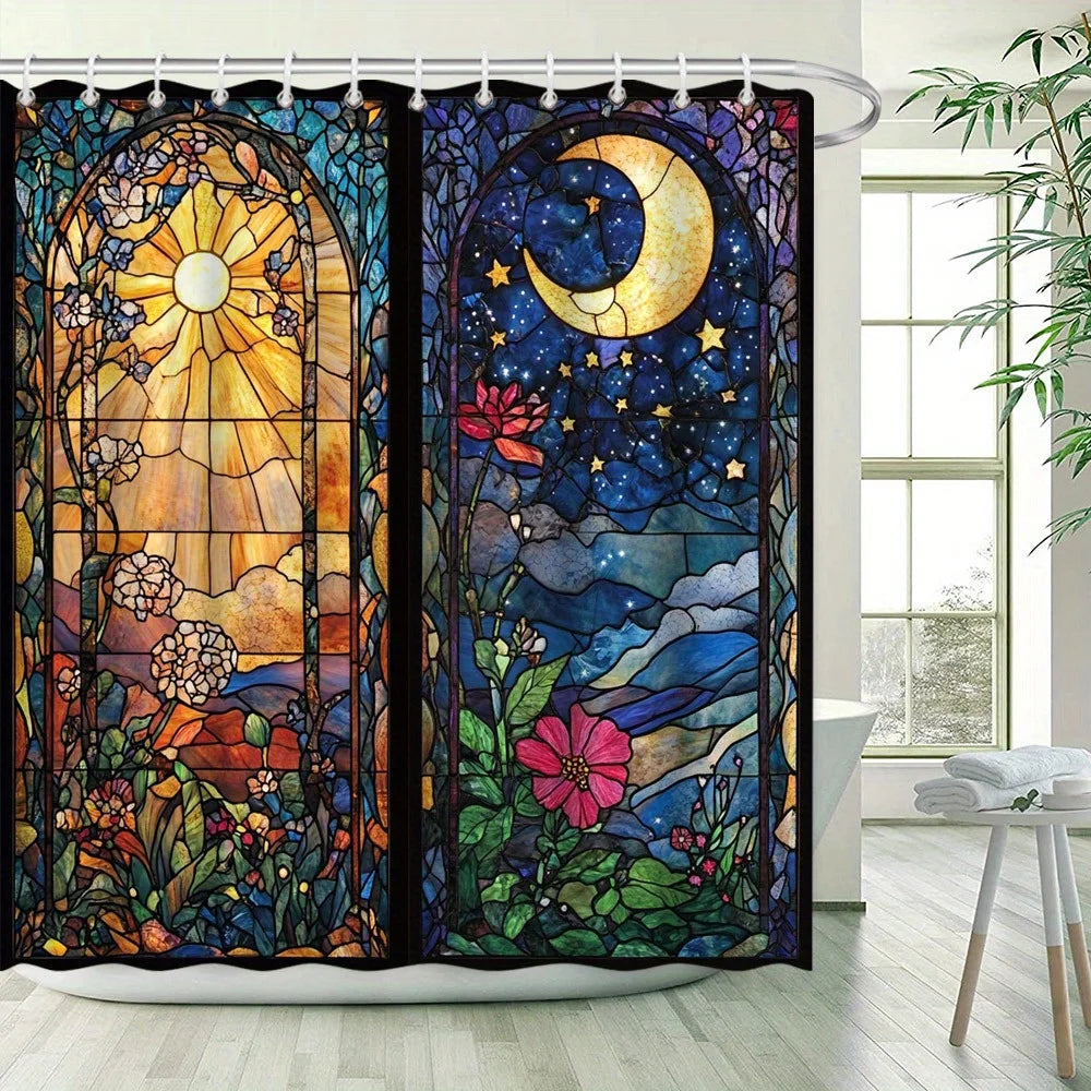 A stained glass shower curtain featuring a night sky and moon design with colorful floral elements.
