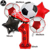Un set de six ballons de football rouges et noirs, incluant un ballon, un pied et une étoile.