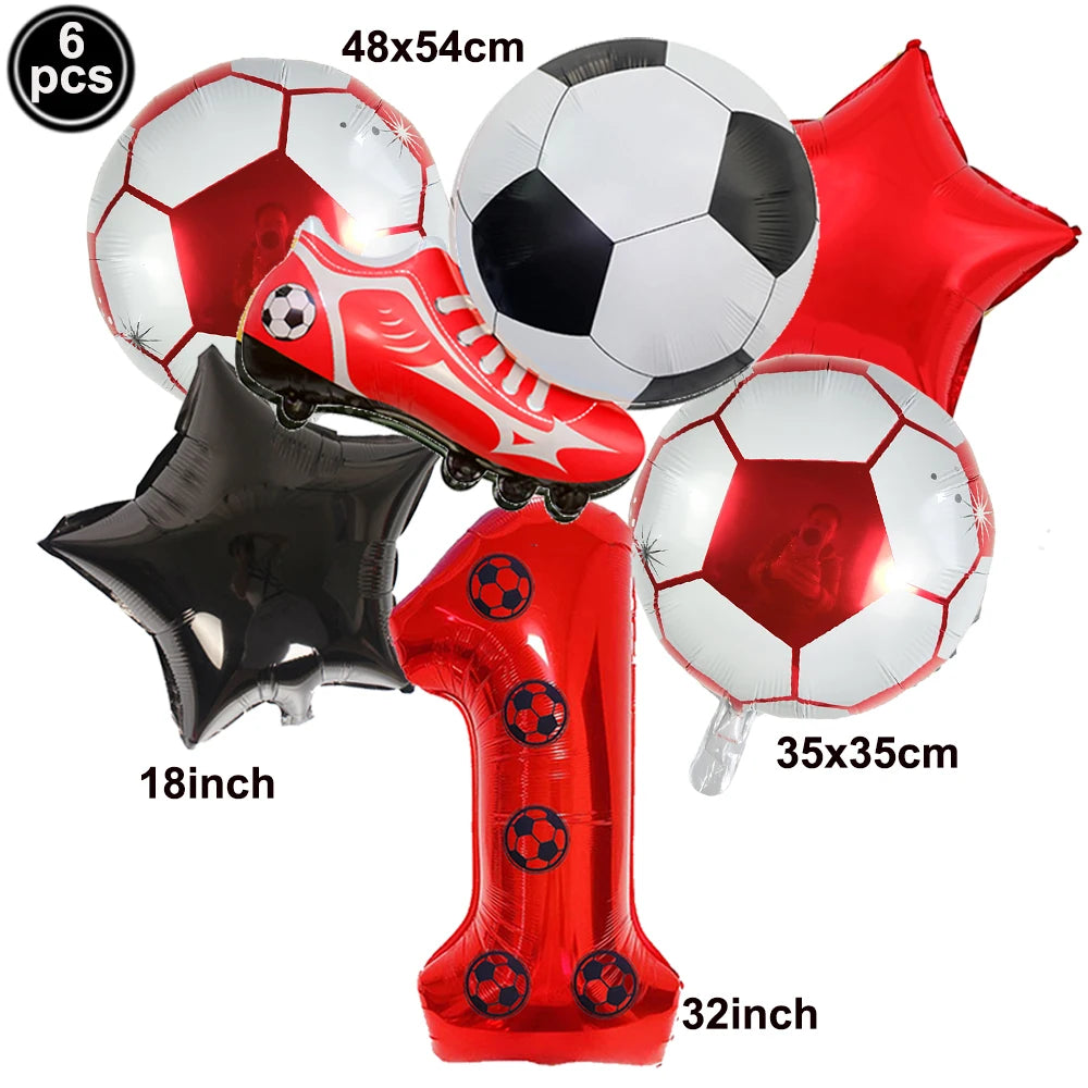 Un set de six ballons de football rouges et noirs, incluant un ballon, un pied et une étoile.
