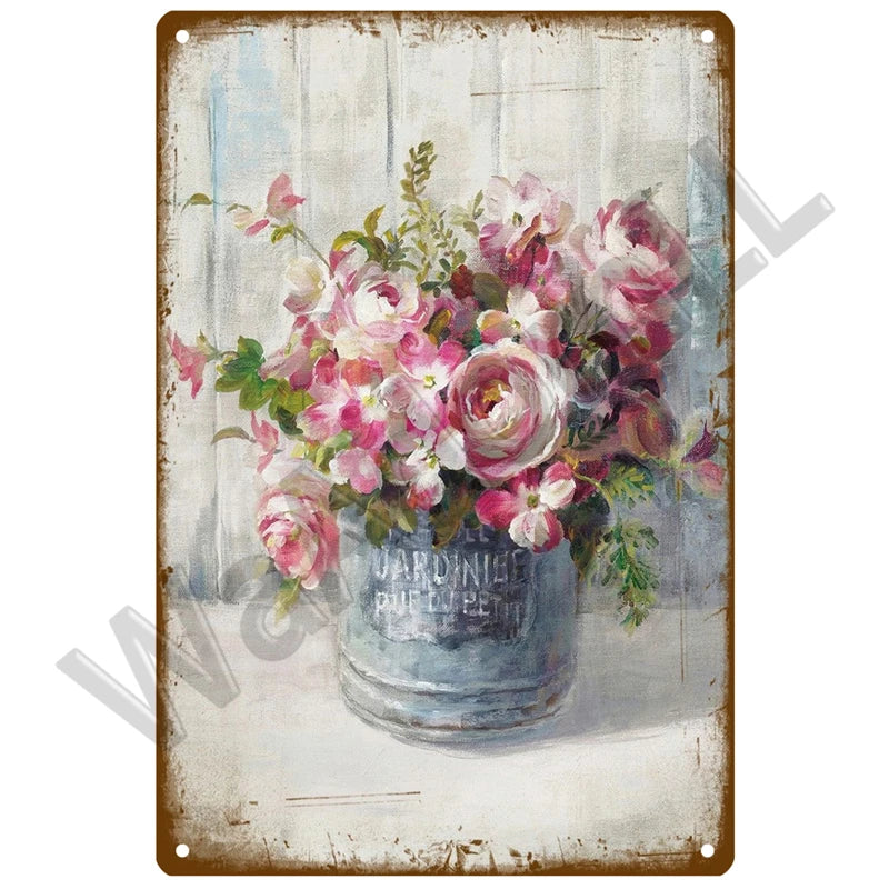 A vintage metal sign featuring a bouquet of pink and white roses in a blue jar.
