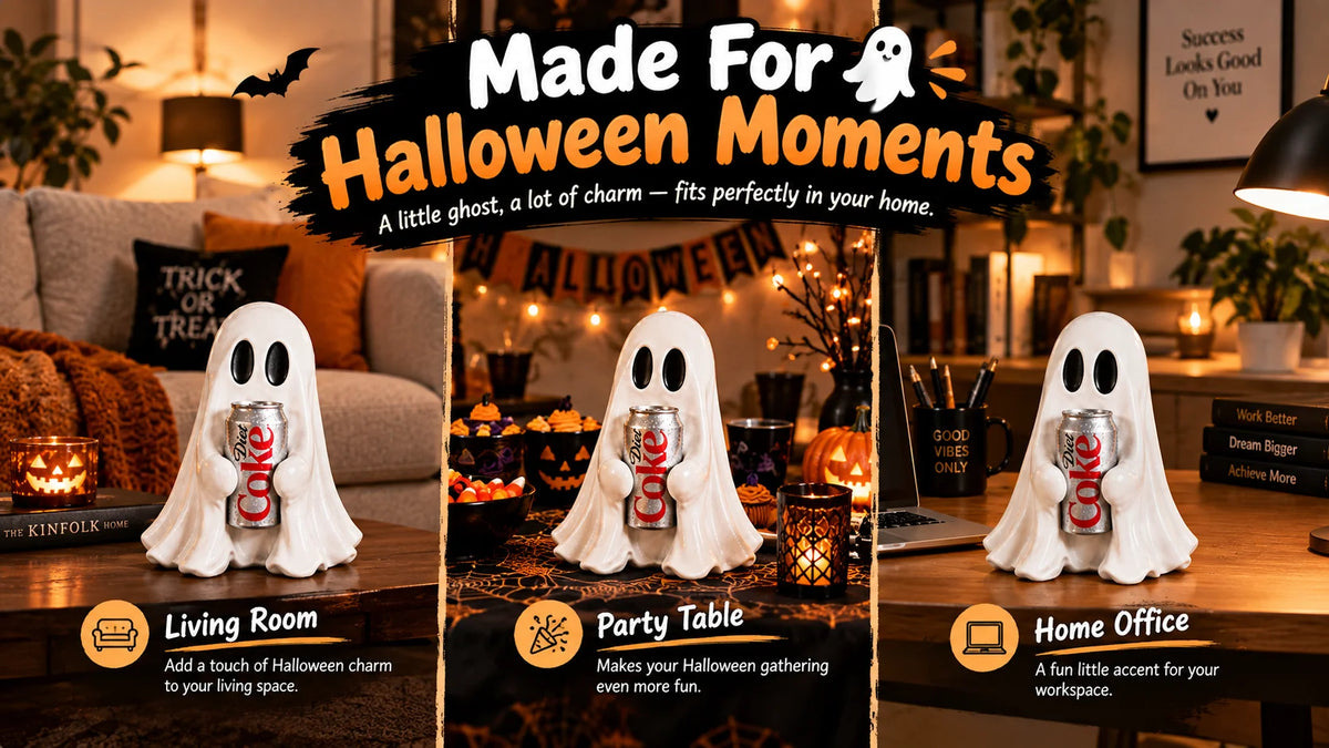 Funny ghost figurine holding a soda can used as Halloween decor for living room, party table, or home office.