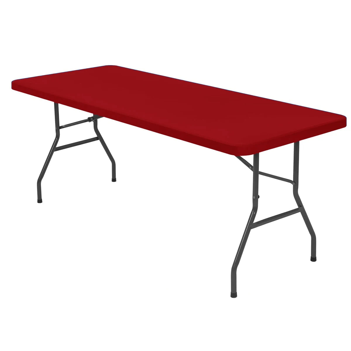 A rectangular red spandex tablecloth table with black metal legs.