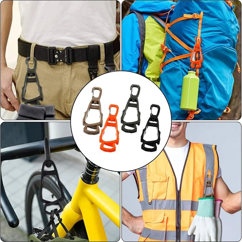 A set of durable glove clip holders in various colors and materials shown alongside a yellow bicycle and an orange safety ves