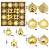 A collection of gold festive Christmas ornaments featuring various designs including spheres, snowflakes, and animal figures.