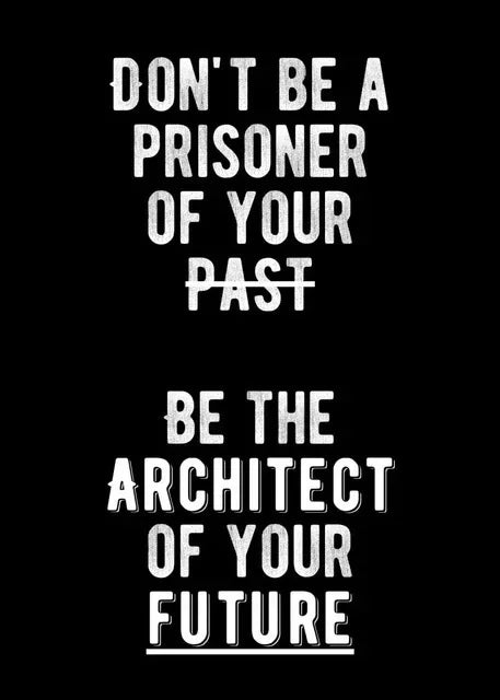 A black and white motivational quote print featuring text that reads Don't be a prisoner of your past, be the architect of yo