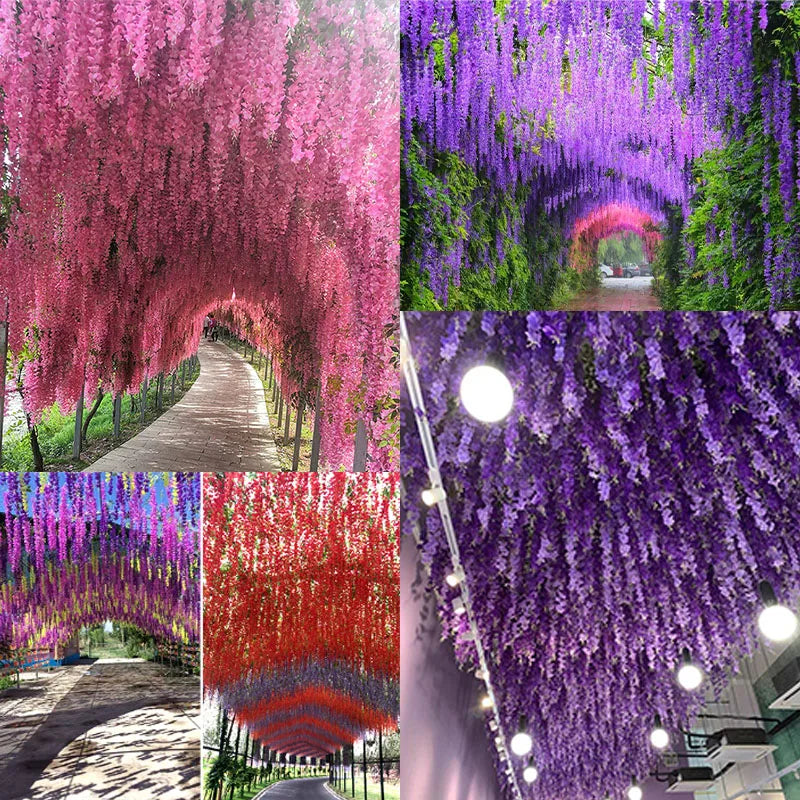 Collage de guirlandes de fleurs de wisteria artificielles roses, violettes et vertes suspendues d'une arche.