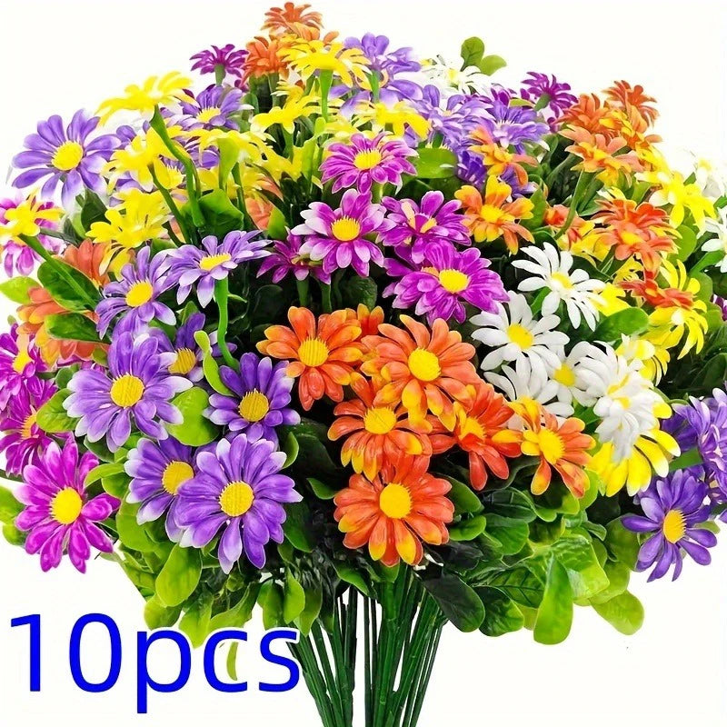 A vibrant bouquet of silk daisies in various colors including yellow, purple, orange, and white.