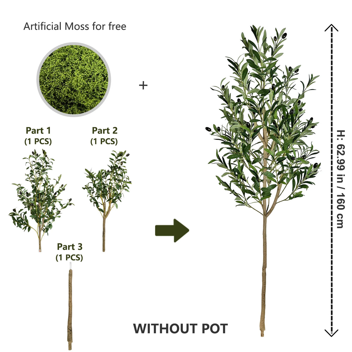 Artificial moss tree branches shown as three parts ready for assembly without a pot.