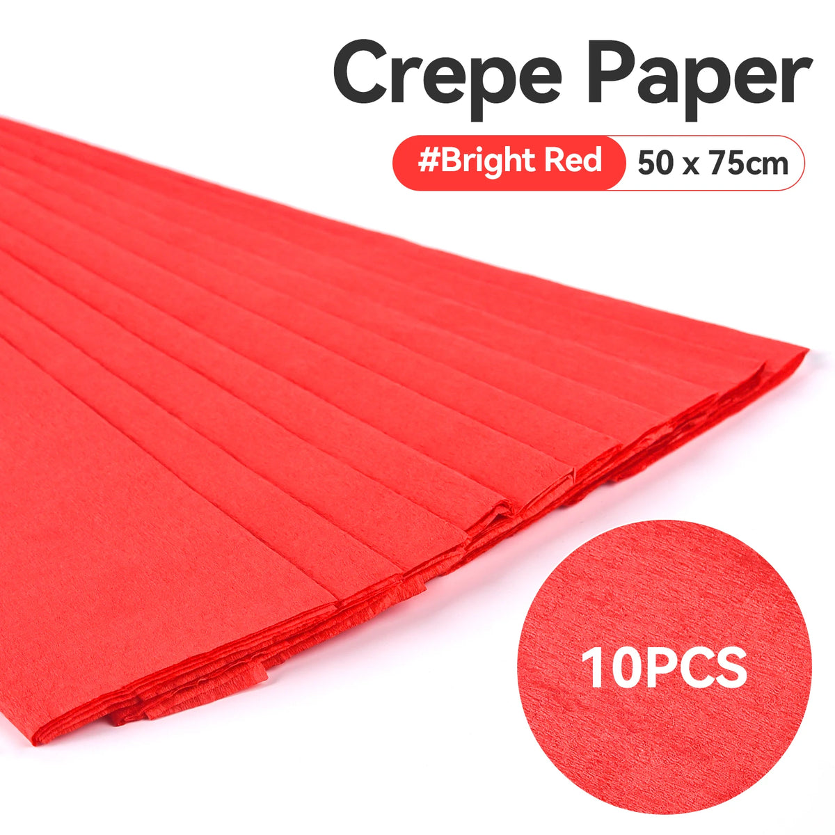 A stack of bright red crepe paper sheets, 10 pieces, shown diagonally.
