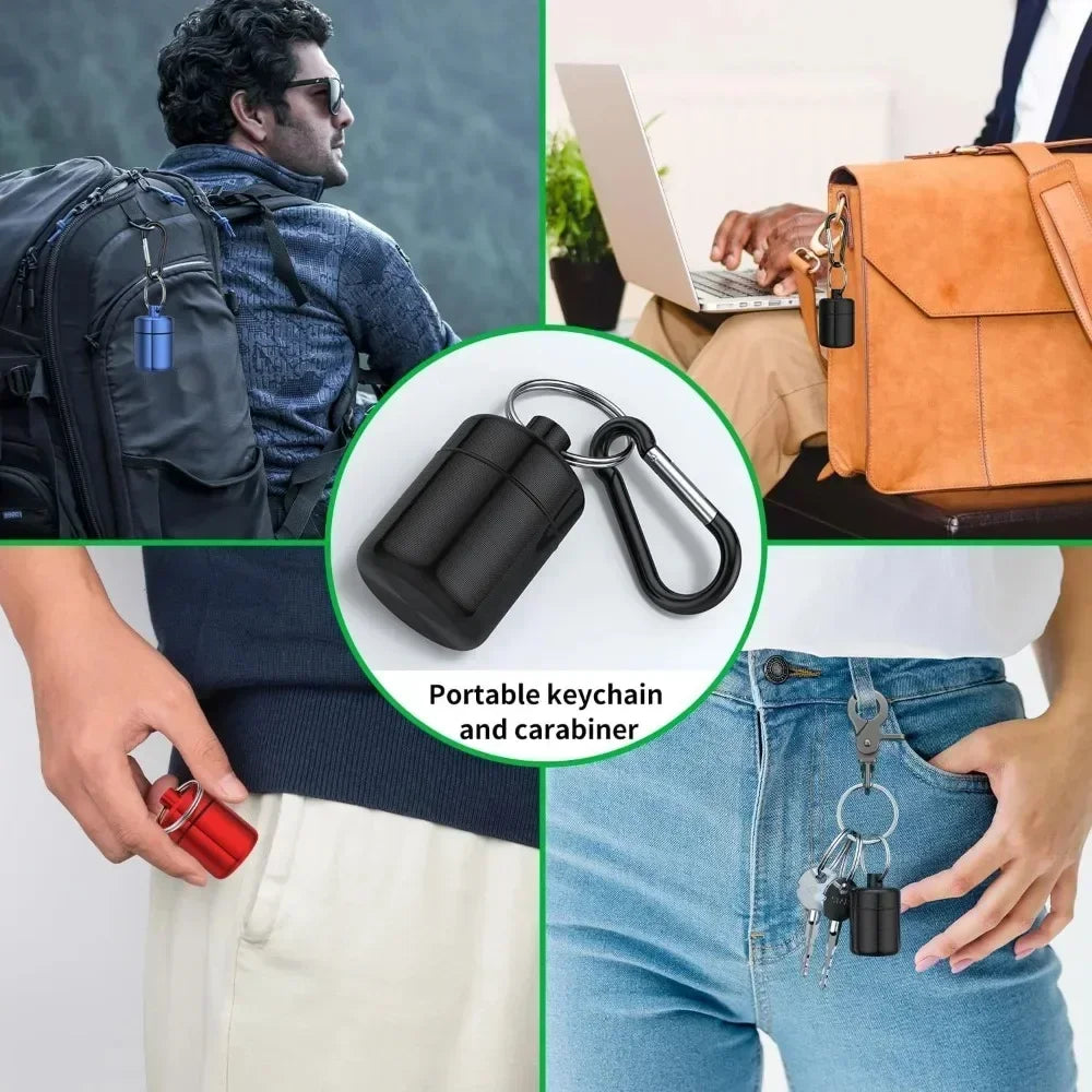 A portable black keychain and carabiner attached to a keyring, shown next to a laptop and on jeans.