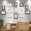 A set of thirteen wooden photo frames in black and white for wall display with positioning drawings.