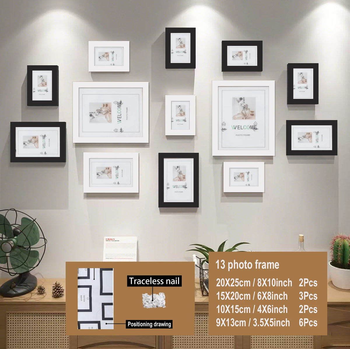 A set of thirteen wooden photo frames in black and white for wall display with positioning drawings.