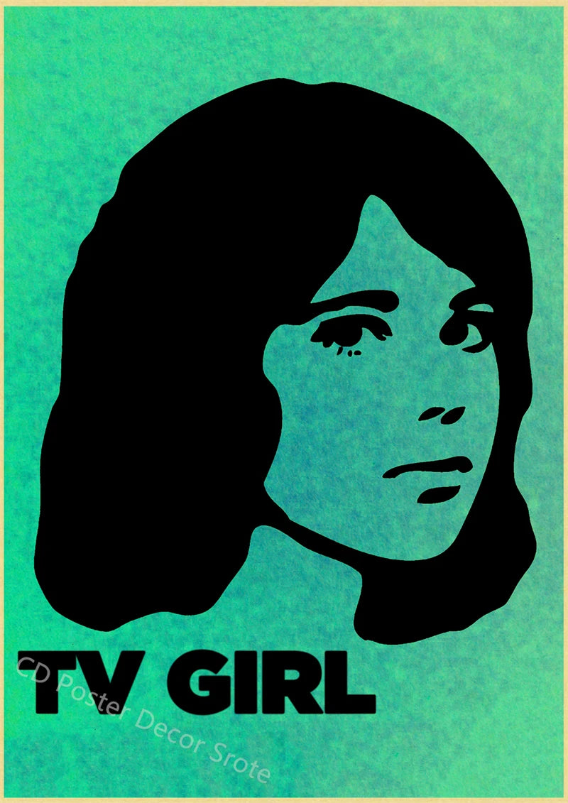 A black silhouette of a woman's face against a teal background, featuring the text TV GIRL and a small signature.
