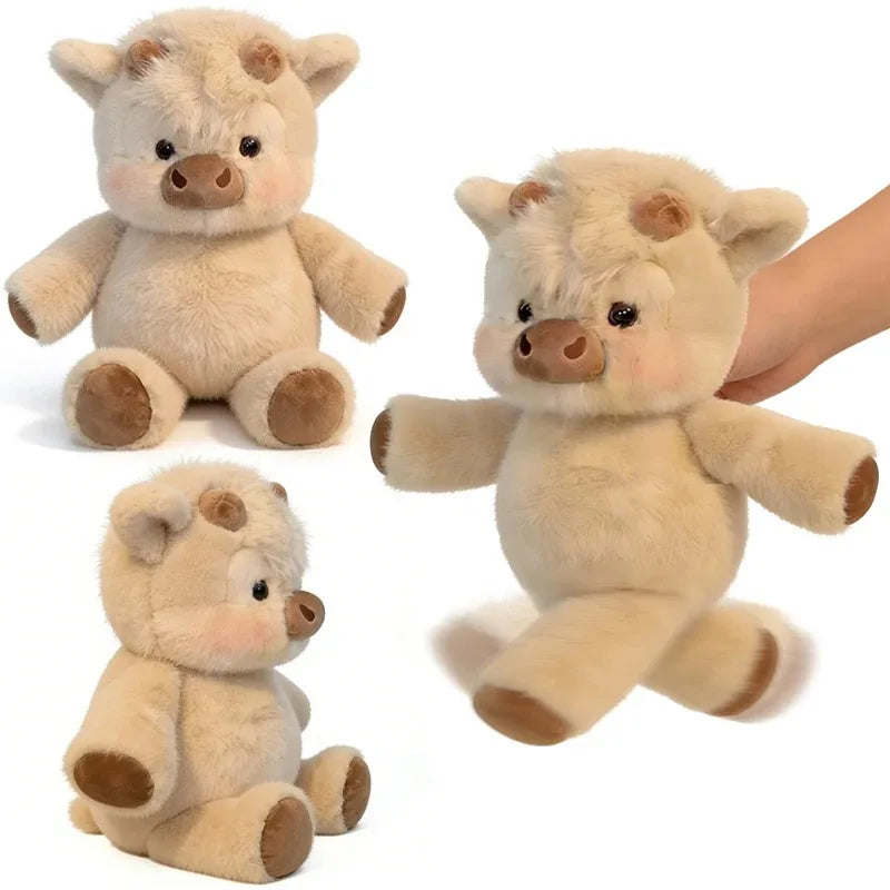 A collection of fluffy beige Highland cow plush toys in various poses and sizes.