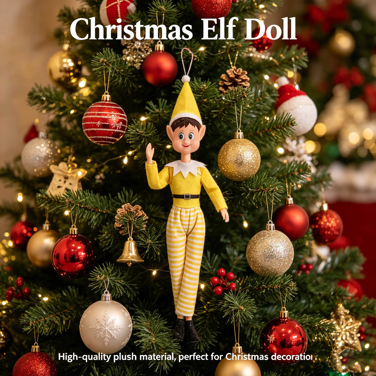 A Christmas elf doll decoration hanging on a decorated green Christmas tree with ornaments.