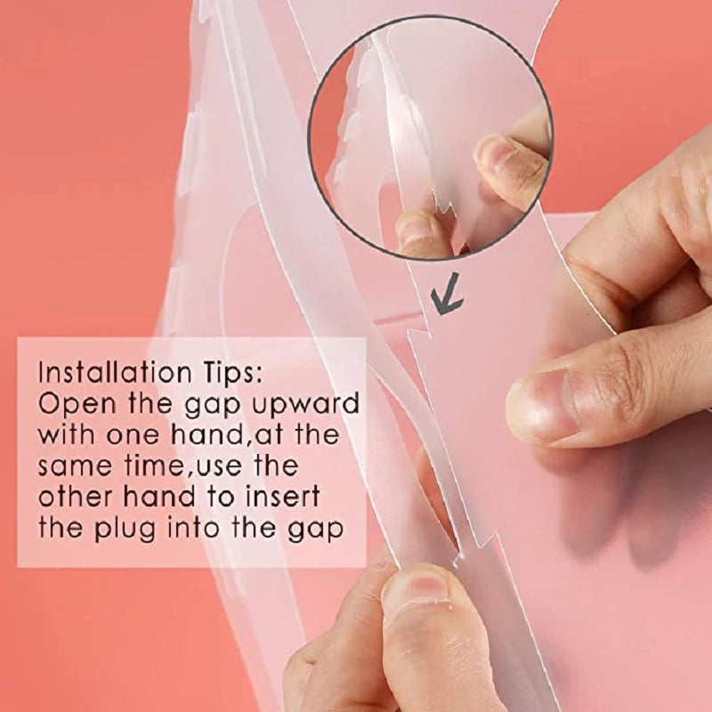 Hands are installing a clear plastic balloon sizing box for party decor, showing how to open the gap.
