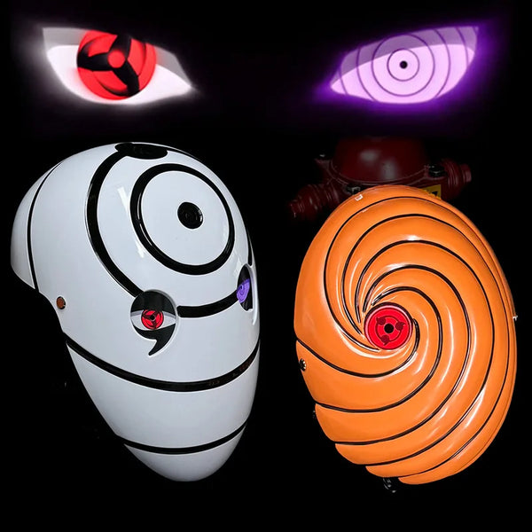 A white ninja mask with black markings and glowing purple eyes, next to an orange swirling mask.